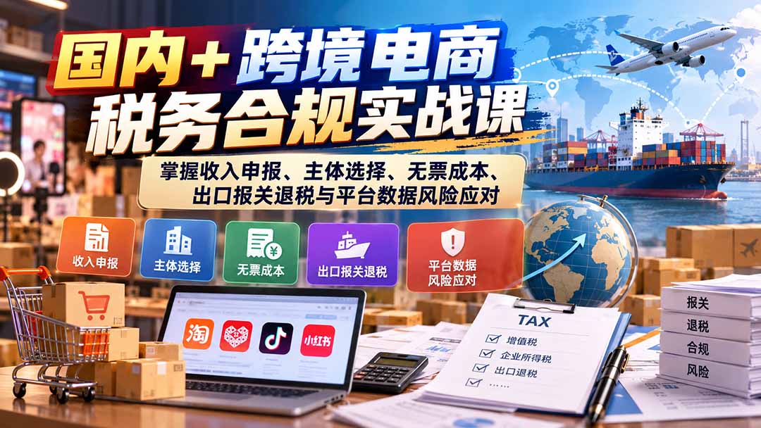 国内+跨境电商税务合规实战课：掌握收入申报、主体选择、无票成本、出口报关退税与平台数据风险应对-御文网
