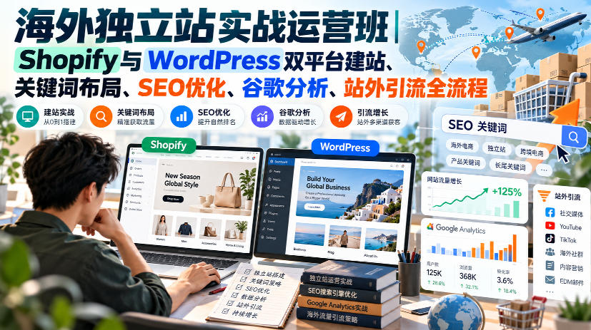 海外独立站实战运营班｜Shopify与WordPress双平台建站、关键词布局、SEO优化、谷歌分析、站外引流全流程-御文网