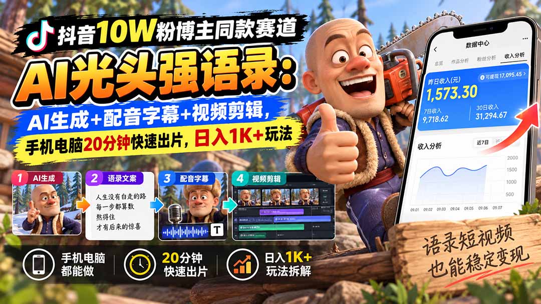 【无水印】抖音10W粉博主同款赛道AI光头强语录：AI生成+配音字幕+视频剪辑，手机电脑20分钟快速出片，日入1K+玩法-御文网