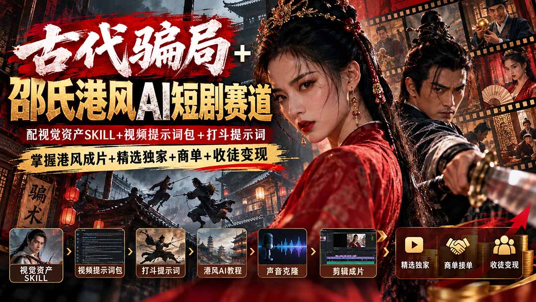 古代骗局+邵氏港风AI短剧赛道：配视觉资产SKILL+视频提示词包+打斗提示词，掌握港风成片+精选独家+商单+收徒变现-御文网