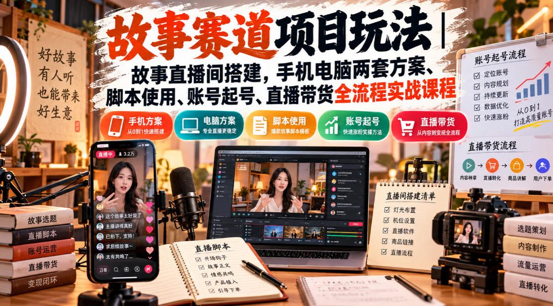 故事赛道项目玩法｜故事直播间搭建，手机电脑两套方案、脚本使用、账号起号、直播带货全流程实战课程-御文网