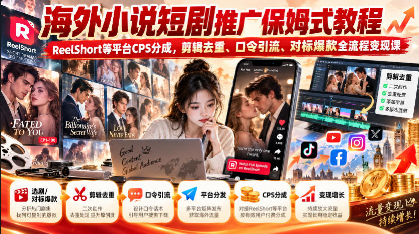 海外小说短剧推广保姆式教程|ReelShort等平台CPS分成,剪辑去重、口令引流、对标爆款全流程变现课-御文网