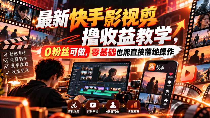 最新快手影视混剪撸收益教学，0粉丝可做，零基础也能直接落地操作-御文网