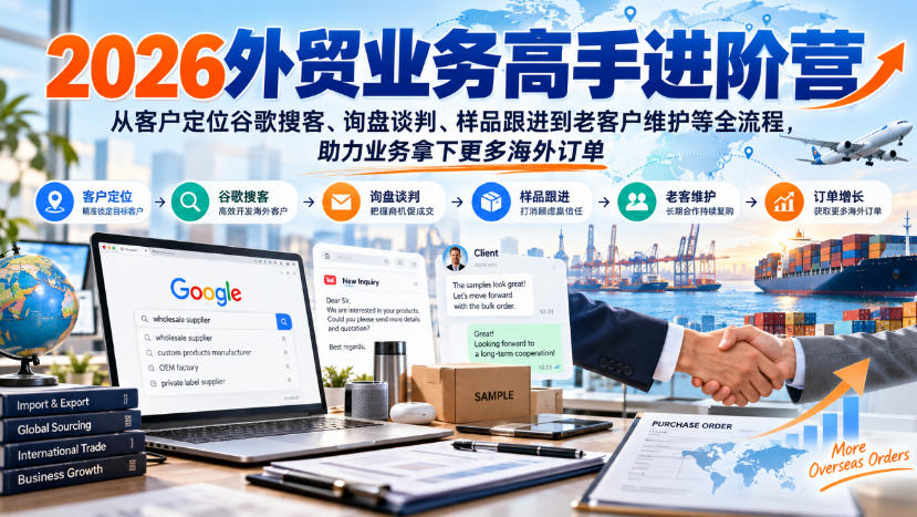 2026外贸业务高手进阶营,从客户定位谷歌搜客、询盘谈判、样品跟进到老客户维护等全流程,助力业务拿下更多海外订单-御文网