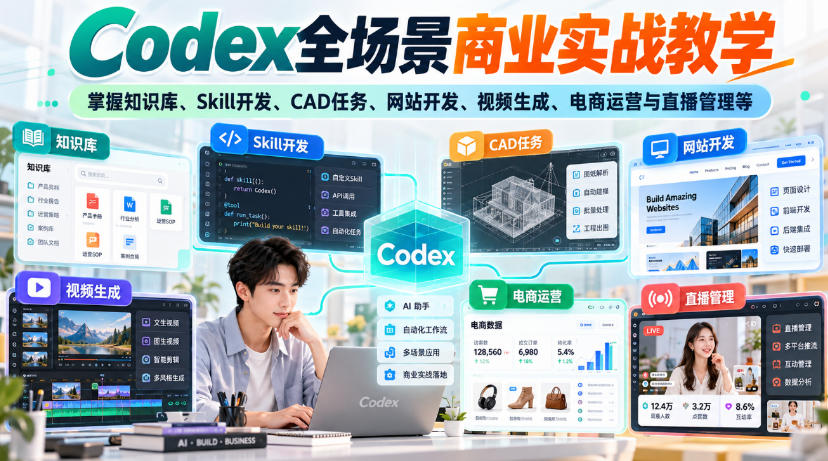 【无水印】Codex全场景商业实战教学，掌握知识库、Skill开发、CAD任务、网站开发、视频生成、电商运营与直播管理等-御文网