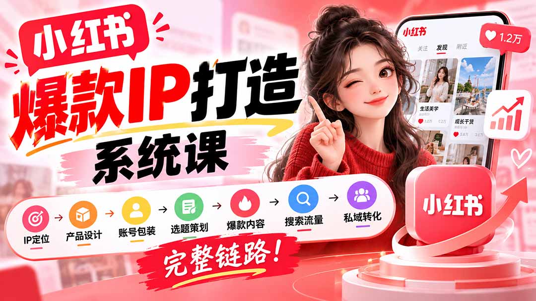 【无水印】小红书爆款IP打造课：IP定位→产品设计→账号包装→选题策划→爆款内容→搜索流量→私域转化，完整链路-御文网
