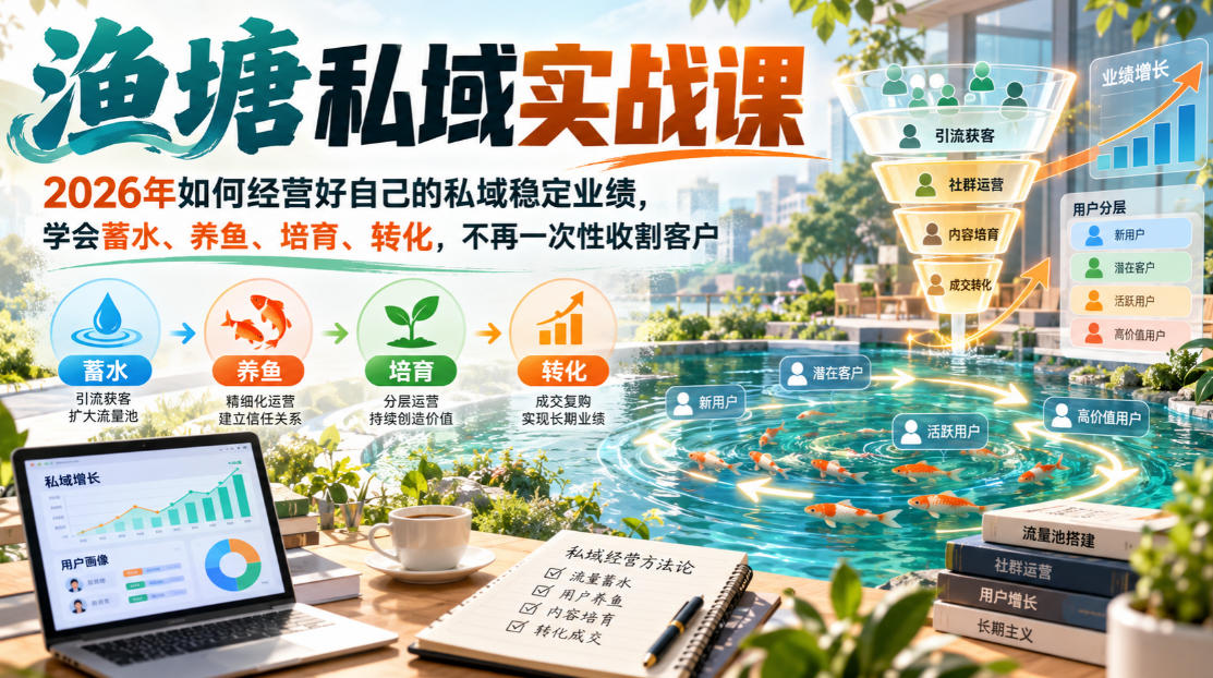 渔塘私域实战课，2026年如何经营好自己的私域稳定业绩，学会蓄水、养鱼、培育、转化，不再一次性收割客户-御文网
