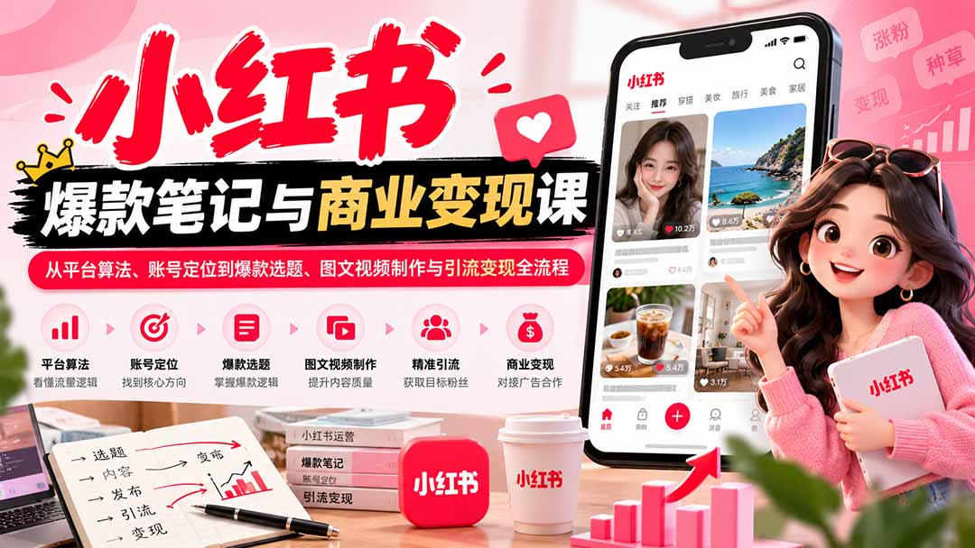 2026小红书爆款笔记与商业变现课：从平台算法、账号定位到爆款选题、图文视频制作与引流变现全流程-御文网