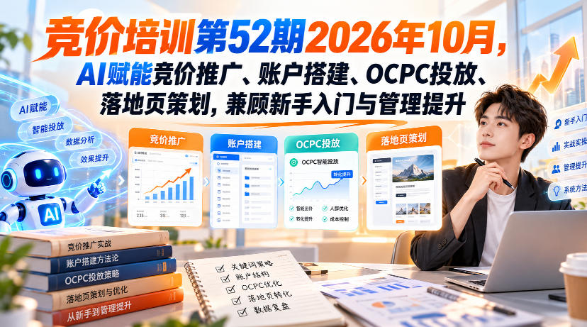 【无水印】竞价培训第52期2026年10月，AI赋能竞价推广、账户搭建、OCPC投放、落地页策划，兼顾新手入门与管理提升-御文网