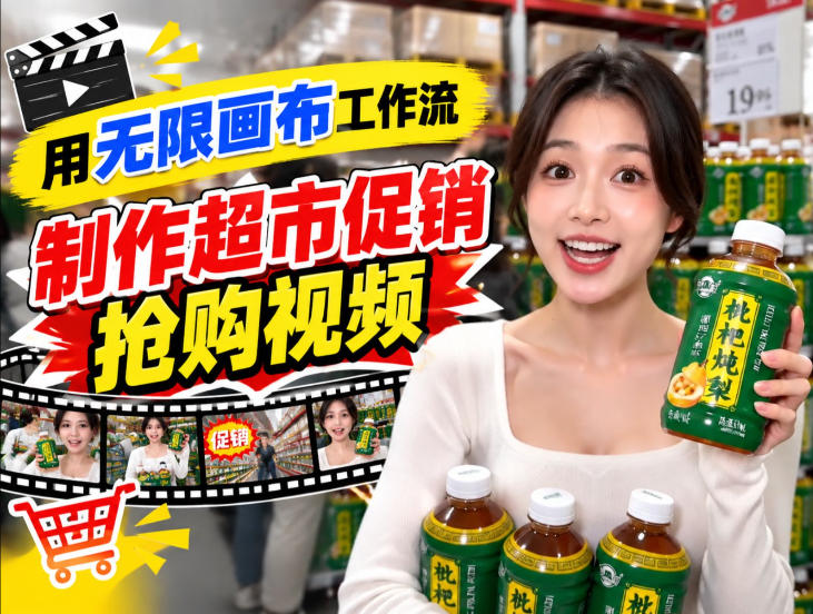 无限画布超市促销抢购视频工作流，一键产出TikTok抖音带货短视频-御文网