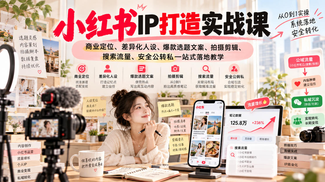 小红书ip打造实战课，商业定位、差异化人设、爆款选题文案、拍摄剪辑、搜索流量、安全公转私一站式落地教学-御文网