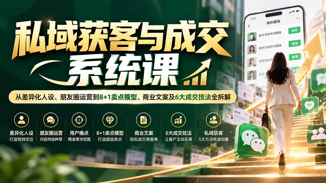私域获客与成交系统课：从差异化人设、朋友圈运营到8+1卖点模型、商业文案及6大成交技法全拆解-御文网