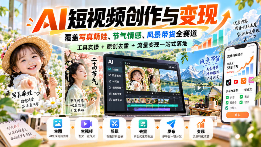 AI短视频创作与变现，覆盖写真萌娃、节气情感、风景带货全赛道，工具实操+原创去重+流量变现一站式落地-御文网