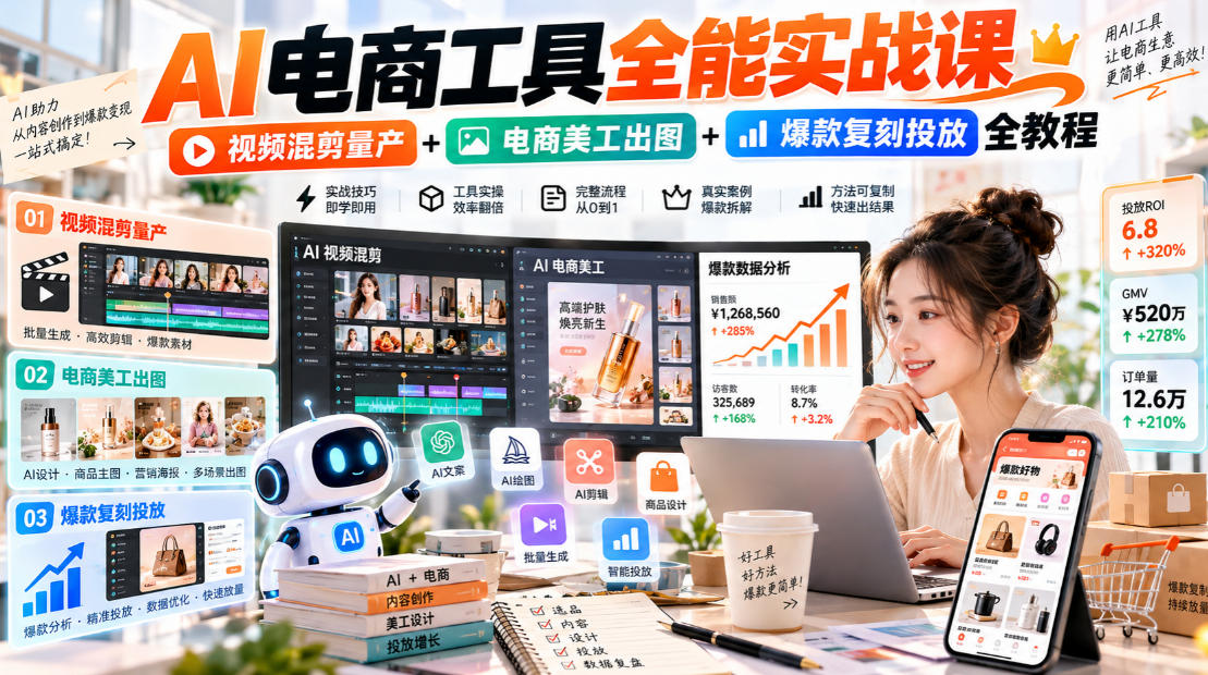 AI电商工具全能实战教学，视频混剪量产+电商美工出图+爆款复刻投放全教程​-御文网
