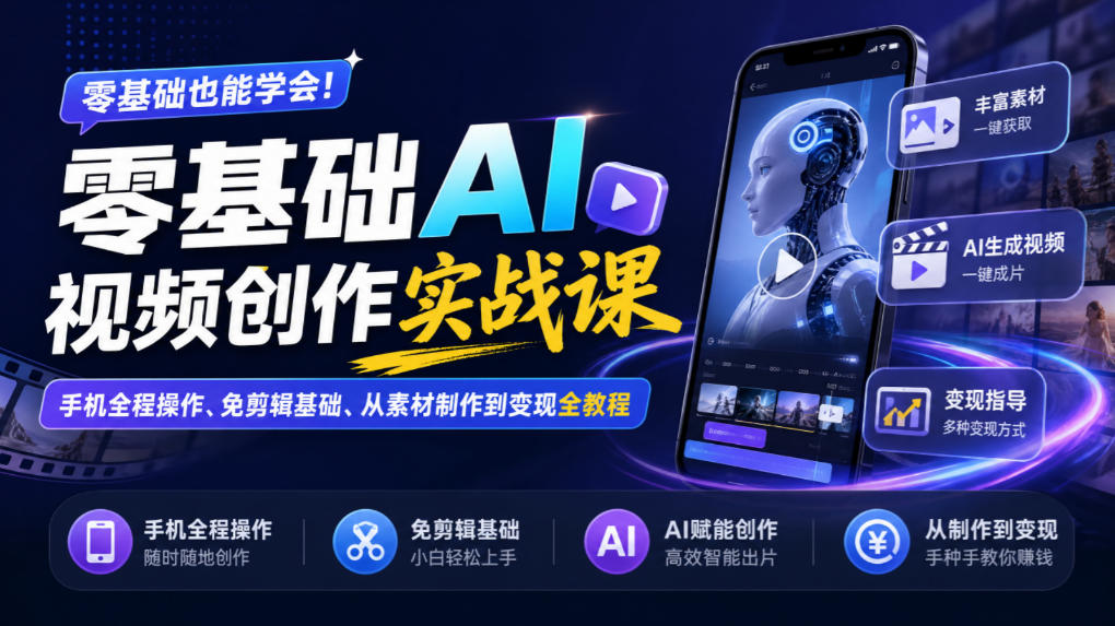 零基础AI视频创作实战课|手机全程操作、免剪辑基础、从素材制作到变现全教程-御文网