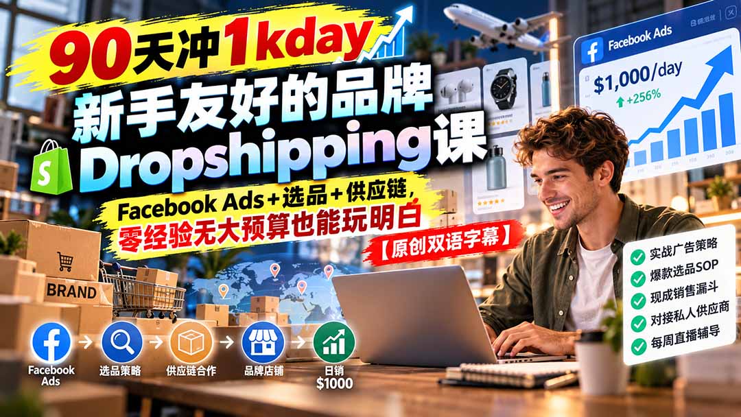 90天冲1kday 新手友好的品牌Dropshipping课:Facebook Ads+选品+供应链,零经验无大预算也能玩明白【原创双语字幕】-御文网