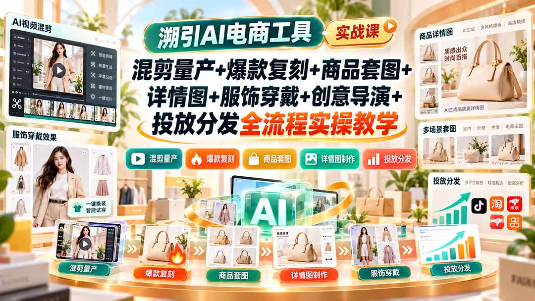 溯引AI电商工具实战课：混剪量产+爆款复刻+商品套图+详情图+服饰穿戴+创意导演+投放分发全流程实操教学-御文网