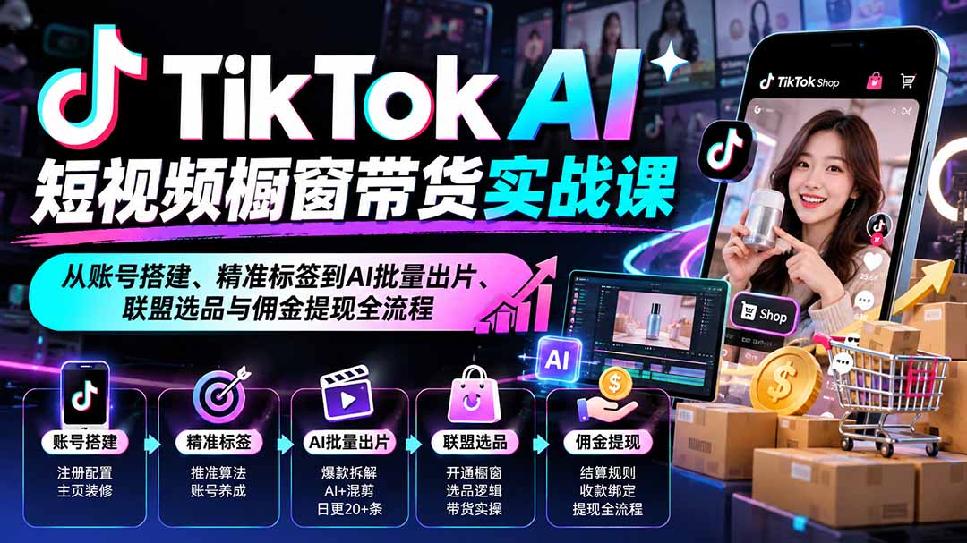 TikTok AI短视频橱窗带货实战课：从账号搭建、精准标签到AI批量出片、联盟选品与佣金提现全流程-御文网