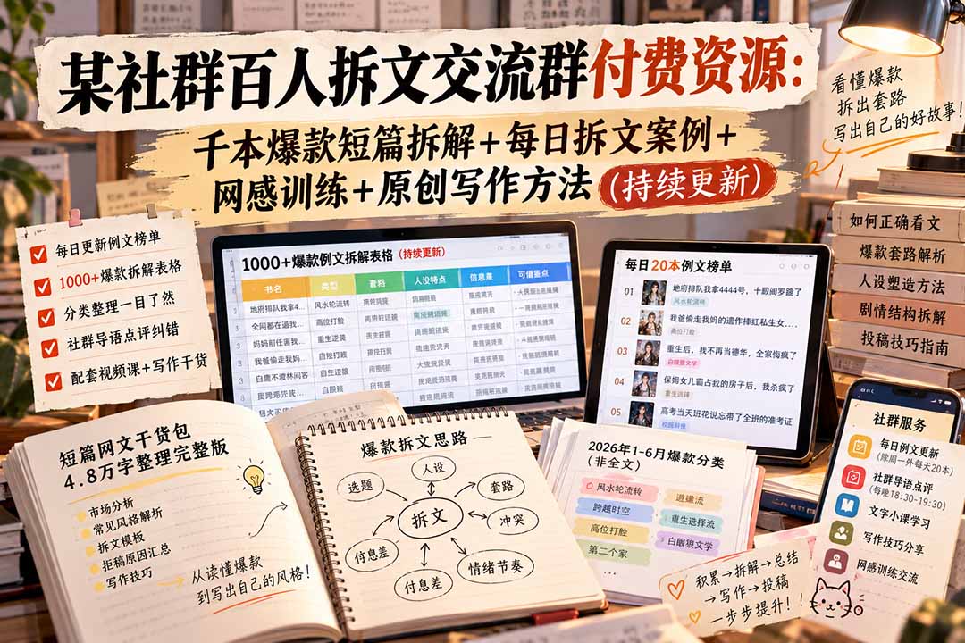 某社群百人拆文交流群付费资源-更新0929：千本爆款短篇拆解+每日拆文案例+网感训练+原创写作方法-御文网