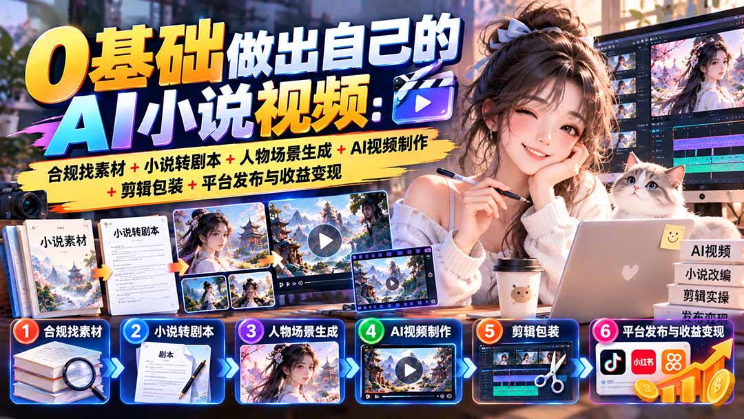 0基础做出自己的AI小说视频:合规找素材+小说转剧本+人物场景生成+AI视频制作+剪辑包装+平台发布与收益变现-御文网