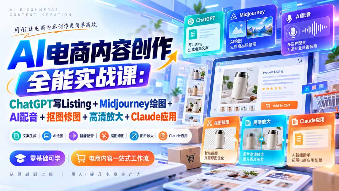 【无水印】AI电商内容创作全能实战课:ChatGPT写Listing+Midjourney绘图+AI配音+抠图修图+高清放大+Claude应用-御文网