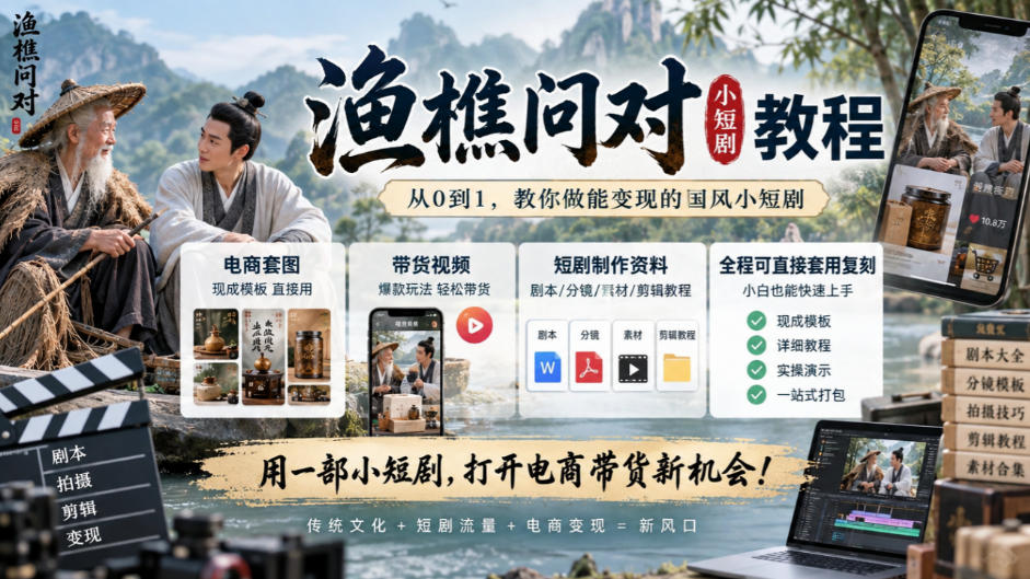 渔樵问对小短剧教程,包含电商套图、带货视频,短剧制作资料,全程可直接套用复刻-御文网