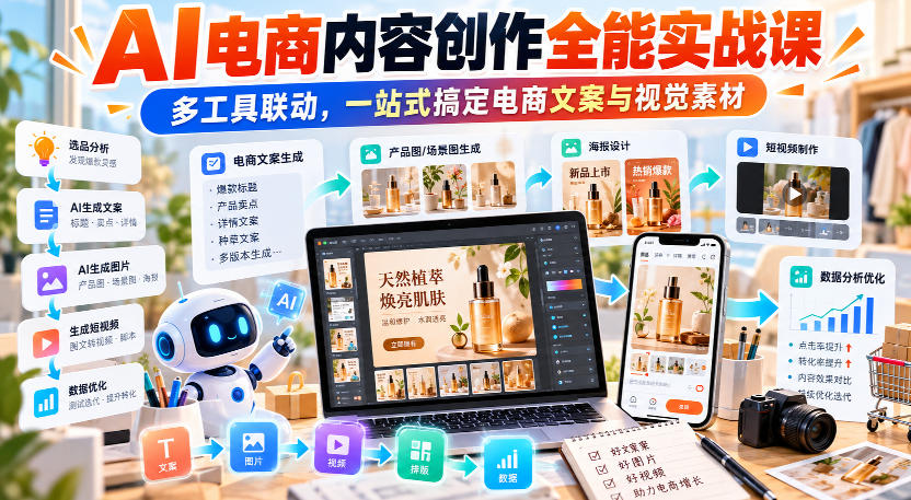 【无水印】AI电商内容创作全能实战课|多工具联动,一站式搞定电商文案与视觉素材-御文网