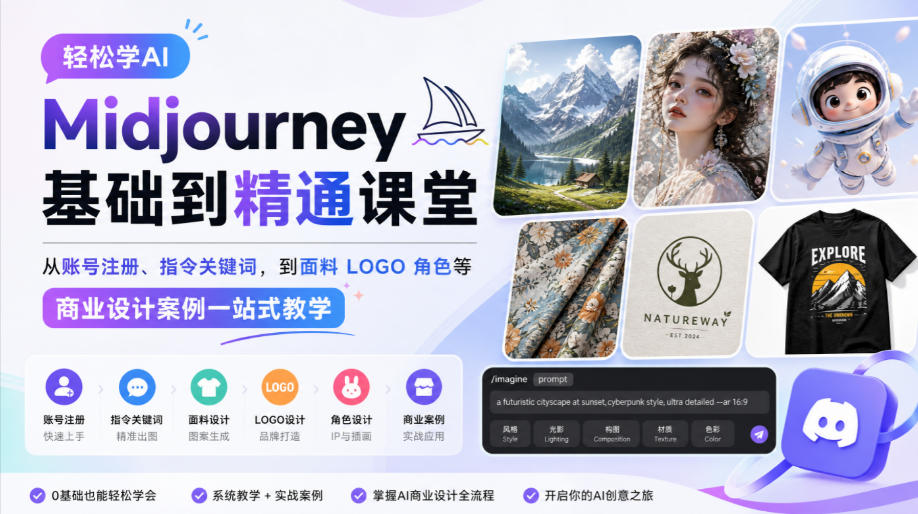 轻松学AI Midjourney基础到精通课堂,从账号注册、指令关键词,到面料LOGO角色等商业设计案例一站式教学-御文网