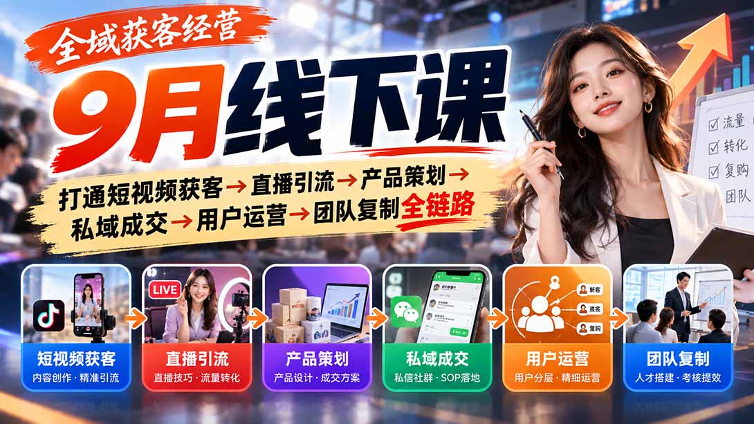 全域获客经营9月线下课：打通短视频获客→直播引流→产品策划→私域成交→用户运营→团队复制全链路-御文网