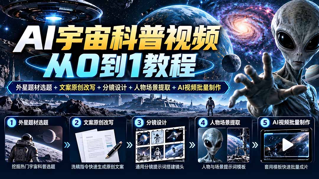 AI宇宙科普视频从0到1教程|外星题材选题+文案原创改写+分镜设计+人物场景提取+AI视频批量制作-御文网