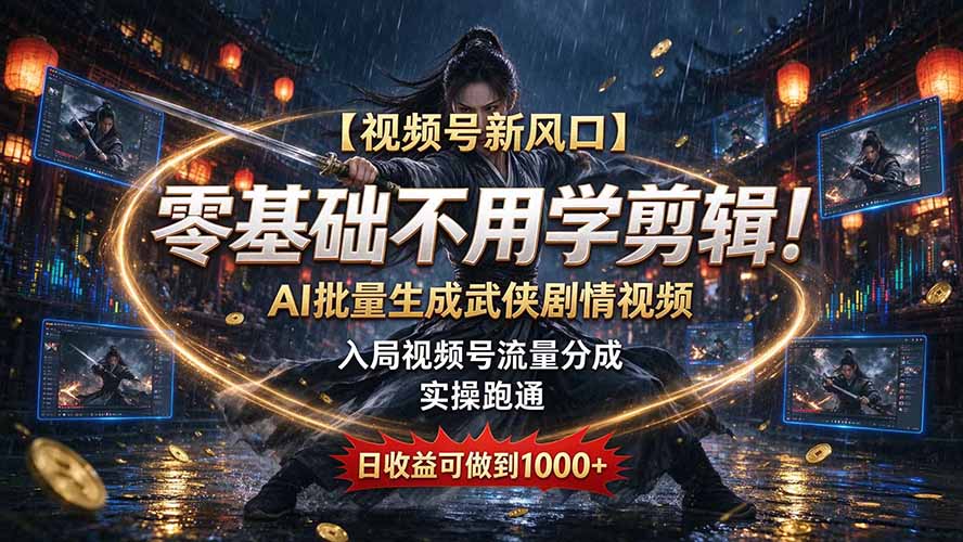 【视频号新风口】零基础不用学剪辑！AI 批量生成武侠剧情视频，入局视频号流量分成，实操跑通，日收益可做到 1000+-御文网