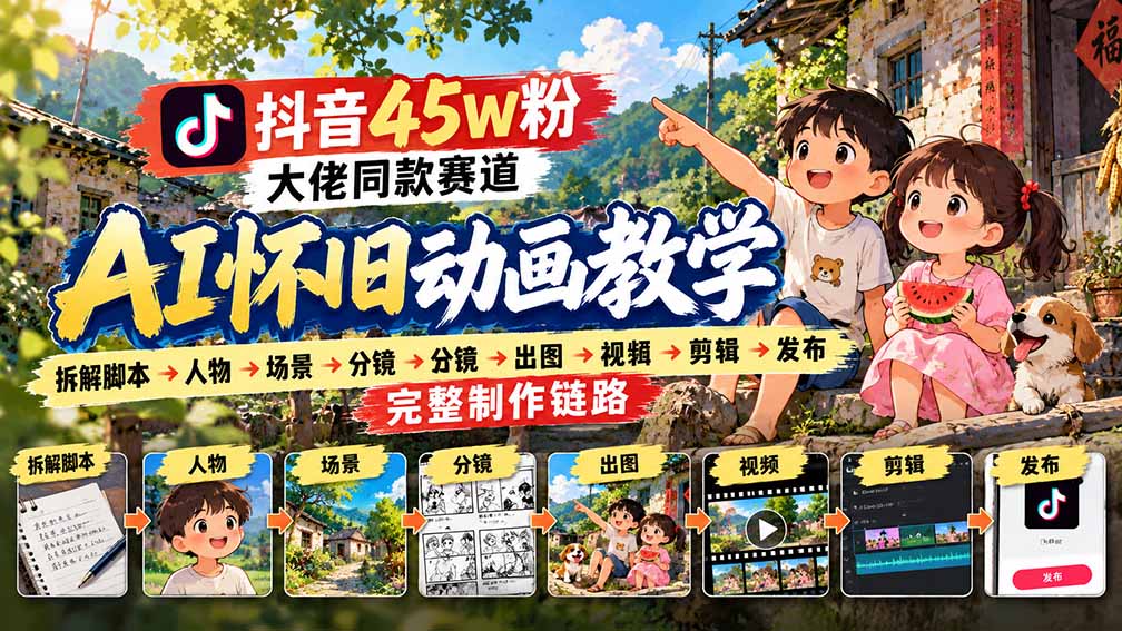 抖音45W粉大佬同款赛道AI怀旧动画教学：拆解脚本→人物→场景→分镜→出图→视频→剪辑→发布完整制作链路-御文网