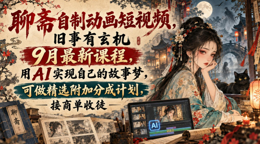 聊斋自制动画短视频，旧事有玄机9月最新课程，用AI实现自己的故事梦，可做精选附加分成计划，接商单收徒-御文网