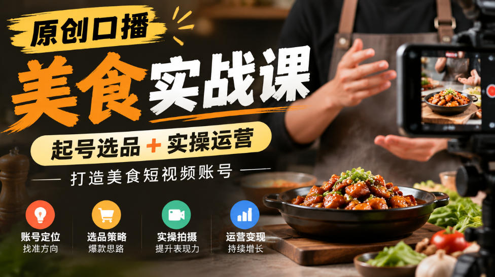 原创口播美食实战课，起号选品+实操运营，打造美食短视频账号-御文网