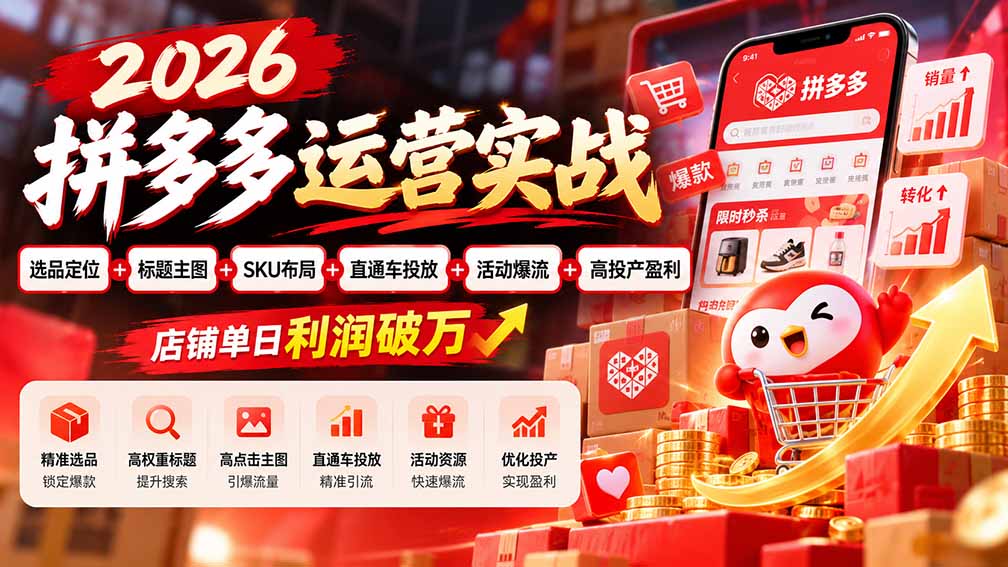 2026拼多多运营实战-更新1002:选品定位+标题主图+SKU布局+直通车投放+活动爆流+高投产盈利 店铺单日利润破万-御文网