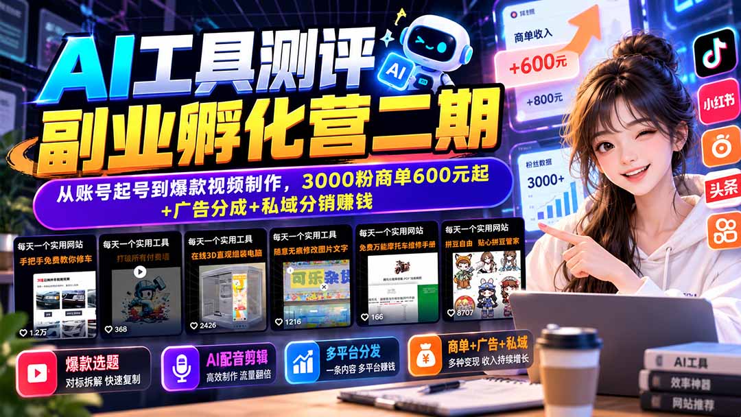 AI工具测评副业孵化营二期:从账号起号到爆款视频制作,3000粉商单600元起+广告分成+私域分销赚钱-御文网