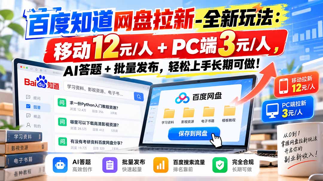 百度知道网盘拉新-全新玩法:移动12元/人+PC端3元/人,AI答题+批量发布,轻松上手长期可做!-御文网