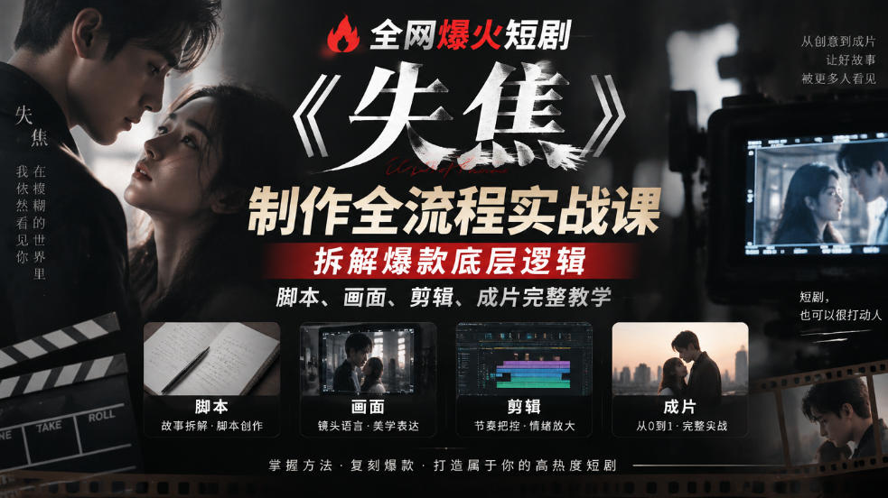 全网爆火短剧《失焦》制作全流程实战课｜拆解爆款底层逻辑，脚本、画面、剪辑、成片完整教学-御文网