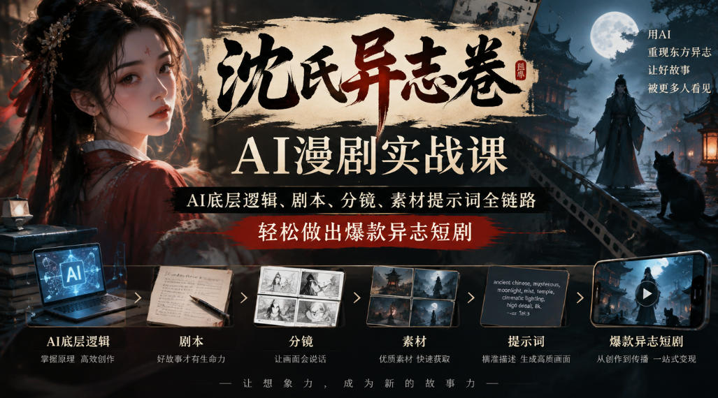 沈氏异志卷AI漫剧实战课｜AI底层逻辑、剧本、分镜、素材提示词全链路，轻松做出爆款异志短剧-御文网