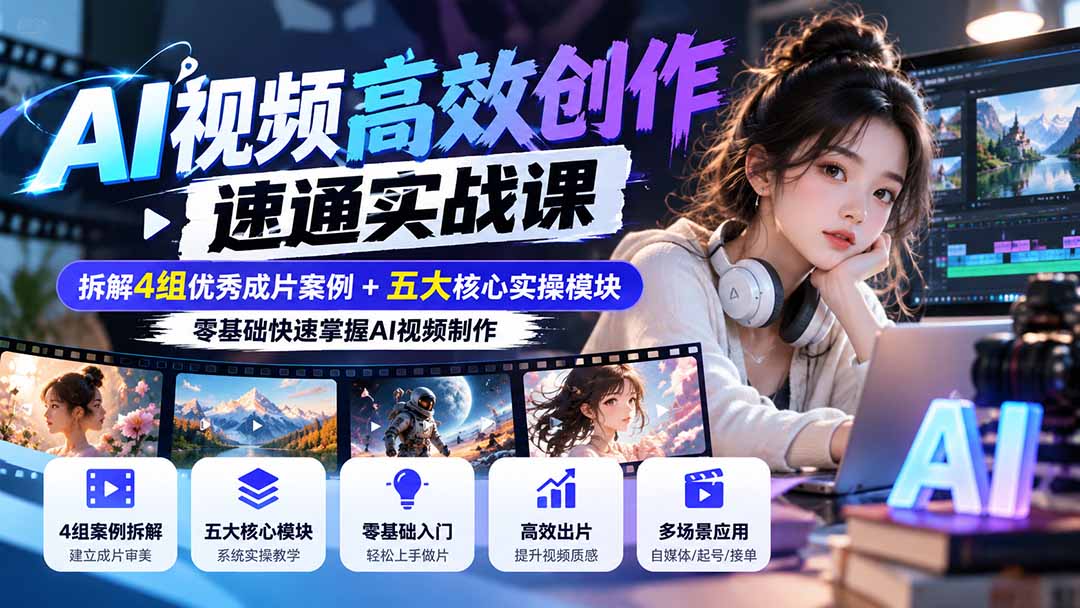 【无水印】AI视频高效创作速通实战课：拆解4组优秀成片案例+五大核心实操模块，零基础快速掌握AI视频制作-御文网