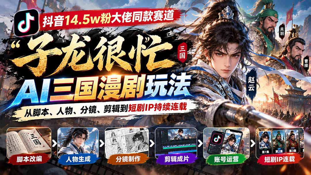 抖音14.5w粉大佬同款赛道「子龙很忙」AI三国漫剧玩法：从脚本、人物、分镜、剪辑到短剧IP持续连载-御文网