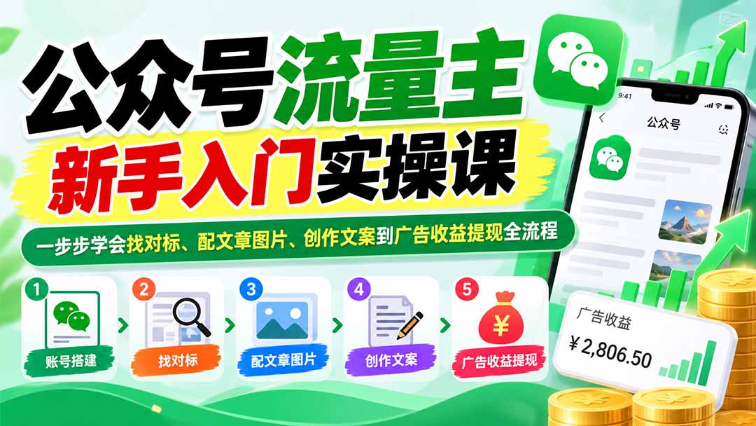 公众号流量主新手入门实操课：一步步学会找对标、配文章图片、创作文案到广告收益提现全流程-御文网