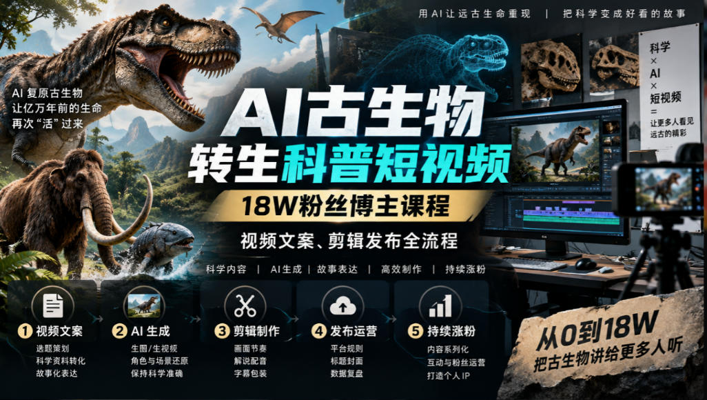 AI古生物转生科普短视频，18W粉丝博主课程，视频文案、剪辑发布全流程-御文网