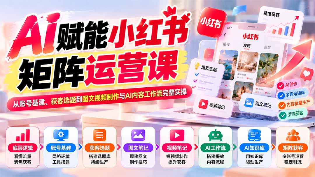 AI赋能小红书矩阵运营课：从账号基建、获客选题到图文视频制作与AI内容工作流完整实操-御文网