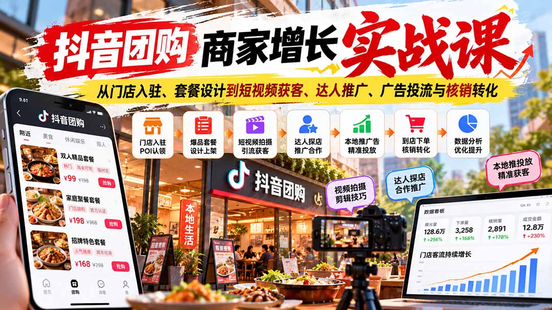 抖音团购商家增长实战课：从门店入驻、套餐设计到短视频获客、达人推广、广告投流与核销转化-御文网