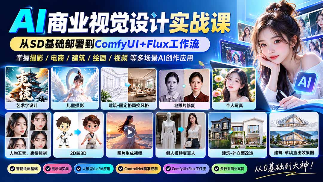 【无水印】AI商业视觉设计实战课：从SD基础部署到ComfyUI+Flux工作流，掌握摄影电商建筑AI创作-御文网