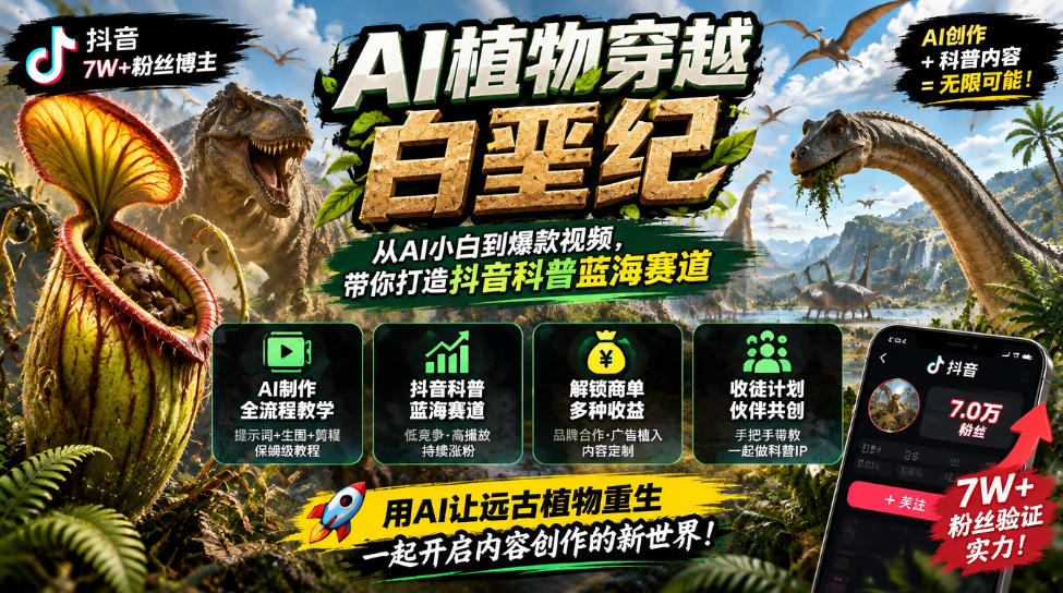 抖音7W粉丝博主的AI植物穿越白垩纪教学,抖音科普蓝海赛道,解锁商单收徒伙伴计划等多种收益-御文网