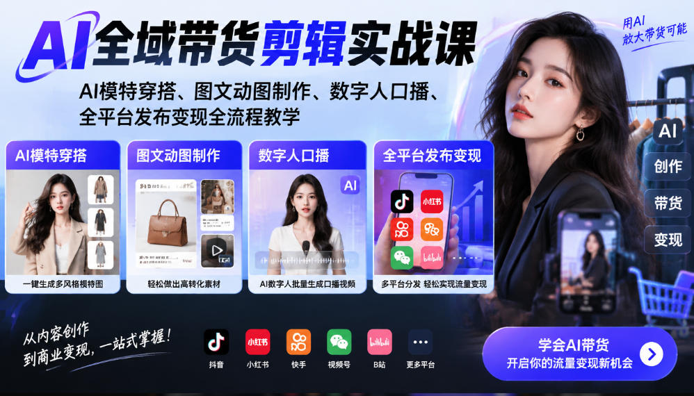 AI全域带货剪辑实战课|AI模特穿搭、图文动图制作、数字人口播、全平台发布变现全流程教学-御文网