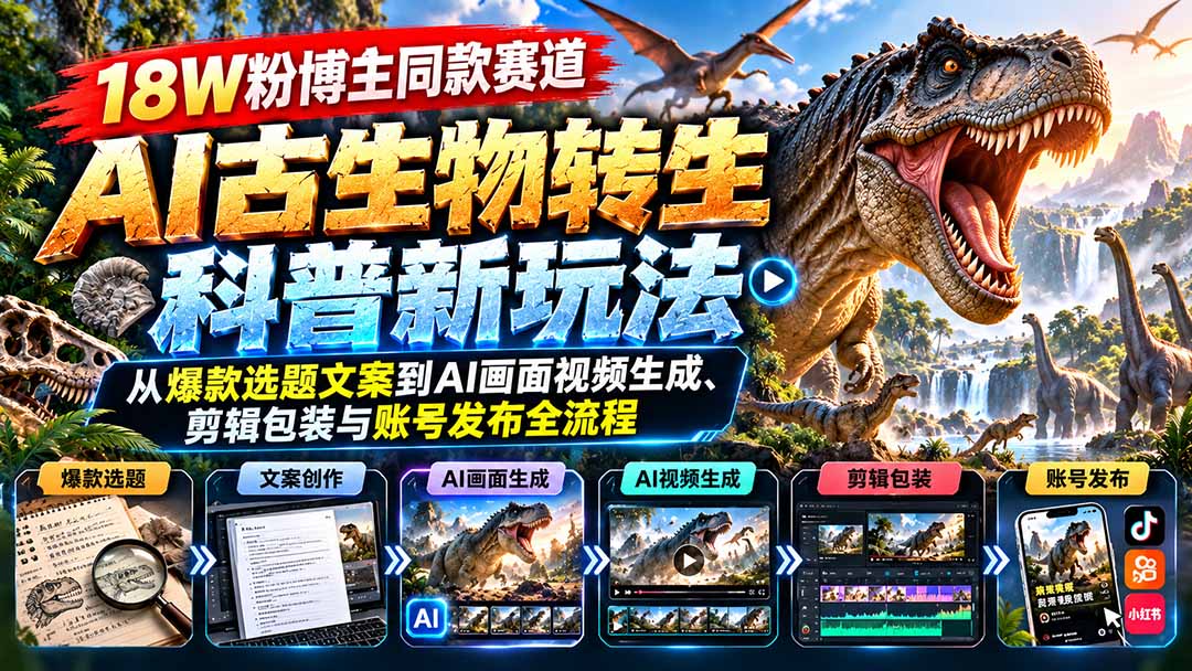 18W粉博主同款赛道-AI古生物转生科普新玩法:从爆款选题文案到AI画面视频生成、剪辑包装与账号发布全流程-御文网