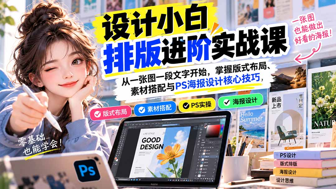 设计小白排版进阶实战课：从一张图一段文字开始，掌握版式布局、素材搭配与PS海报设计核心技巧-御文网